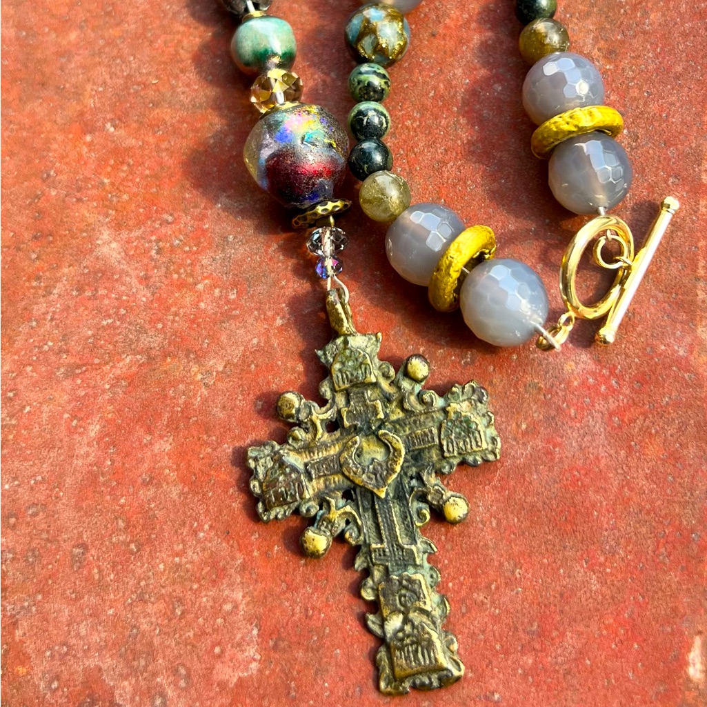 Ooak Vintage Beaded Cross Pendant Necklace By Susan Ray, Jewelry Designer/Author